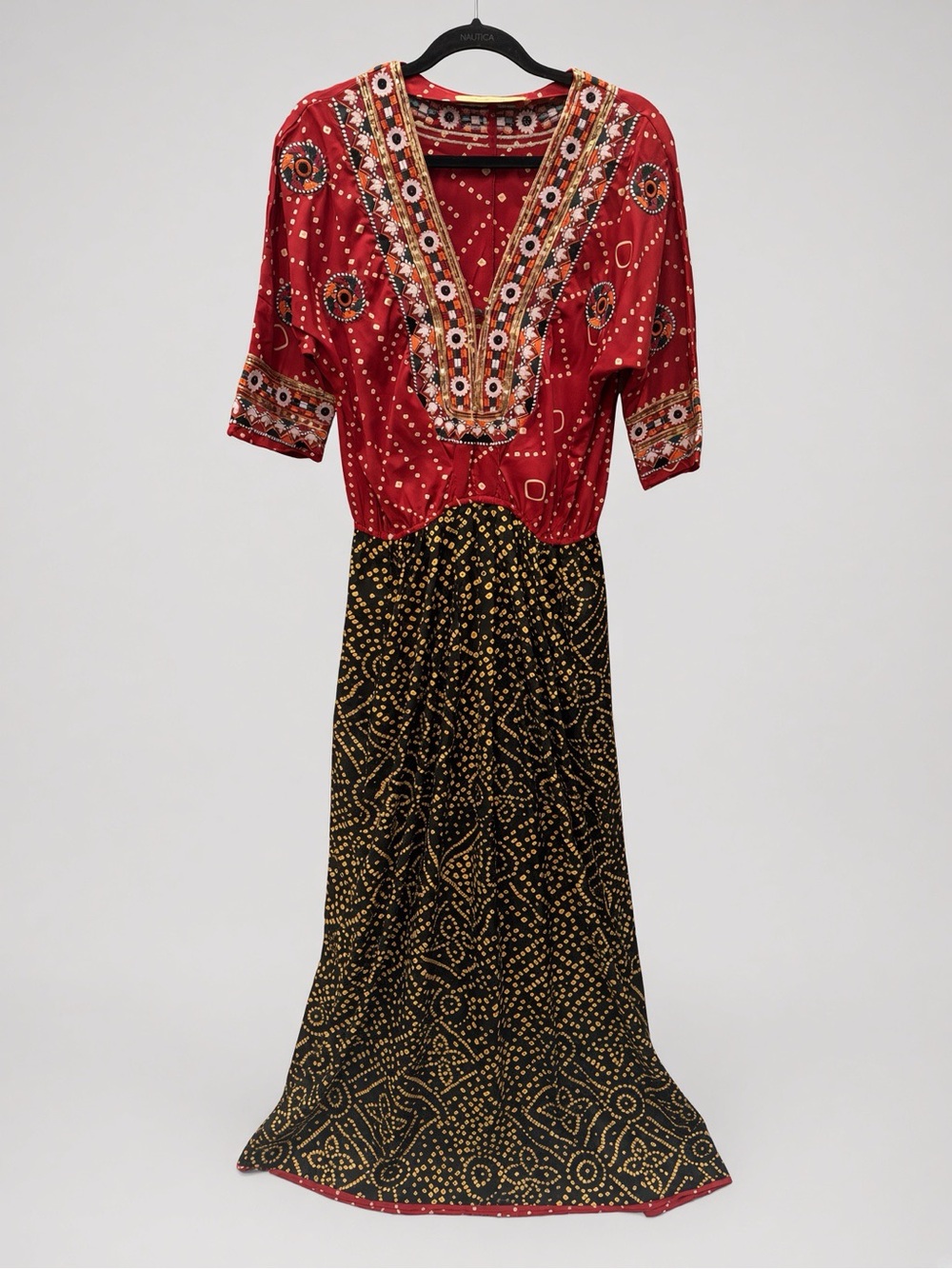 Bohemian Red & Black Printed Maxi Dress with Embroidered V-Neck